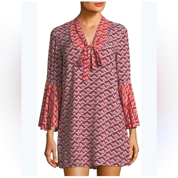 LIKELY Red & White Boho Print Tunic Dress - Size 2 - Picture 1 of 6